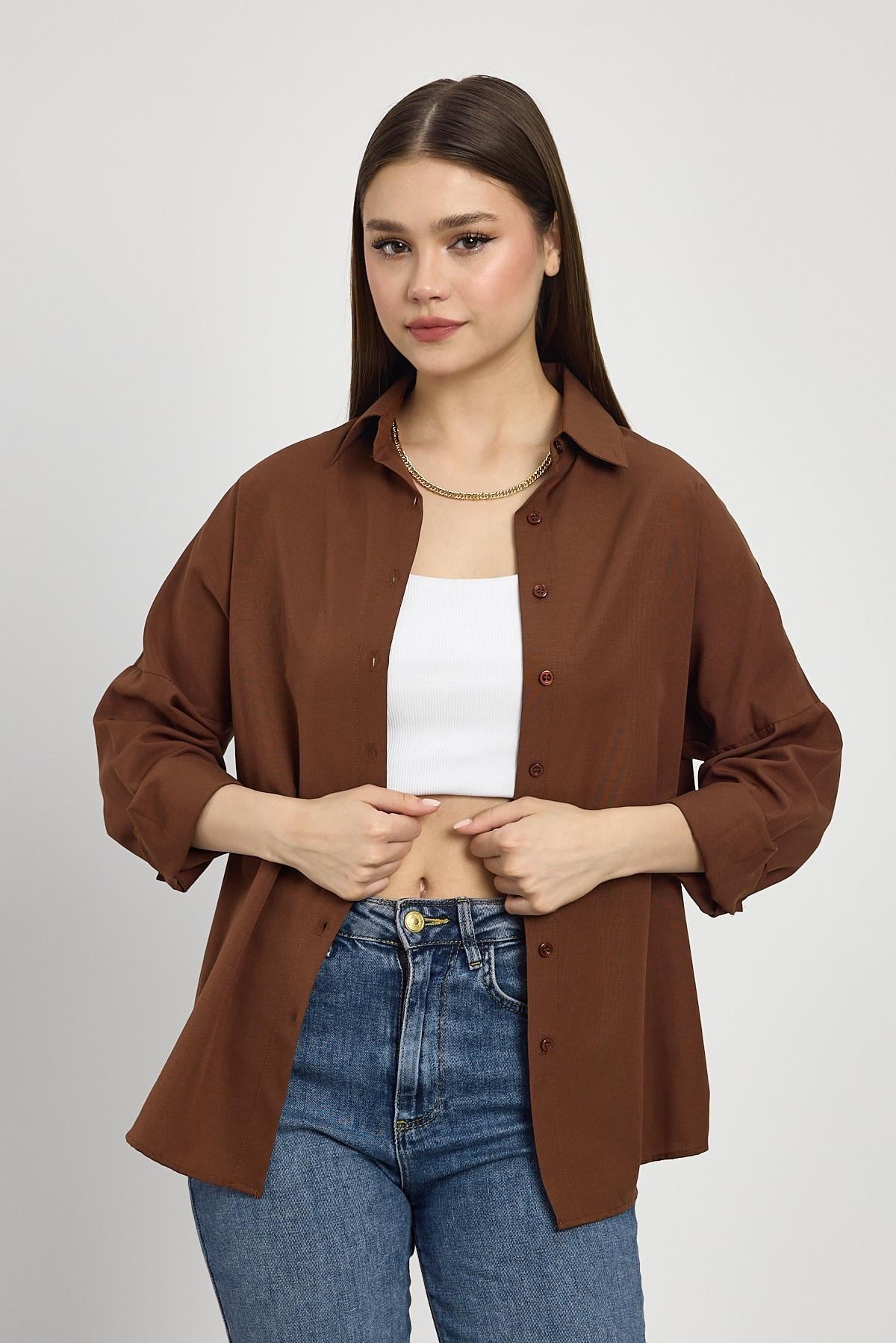 Acı Kahve Relaxed Fit Rahat Kesim Basic Gömlek - 6621A