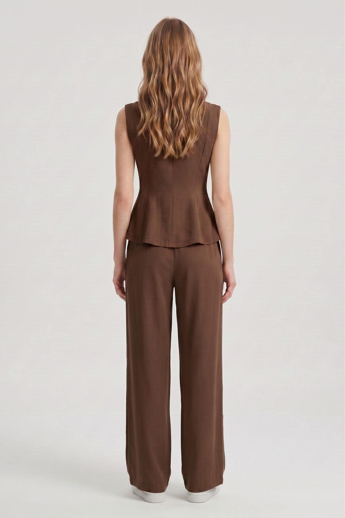 Acı Kahve Sıfır Kol Peplum Bluz Bol Paça Pantolon Takım 18007