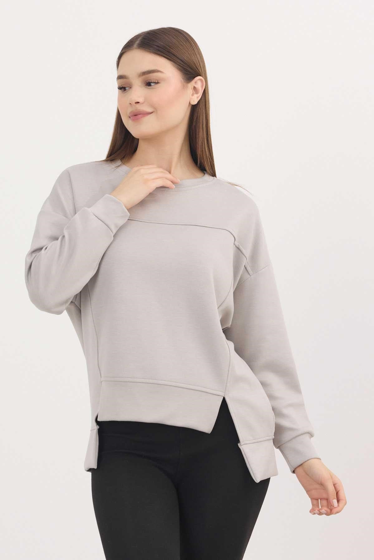 Açık Gri Bisiklet Yaka Parçalı Oysho Sweat 3000