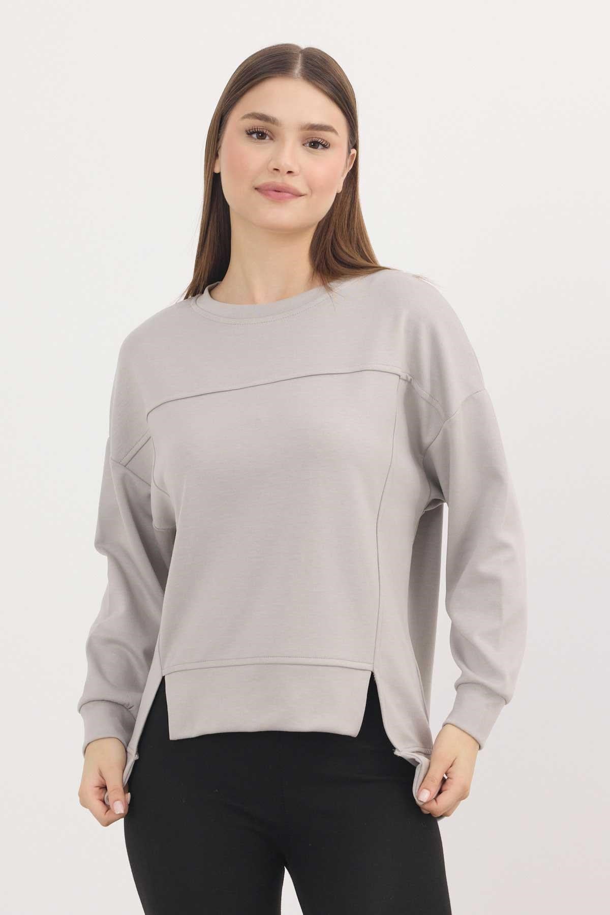Açık Gri Bisiklet Yaka Parçalı Oysho Sweat 3000