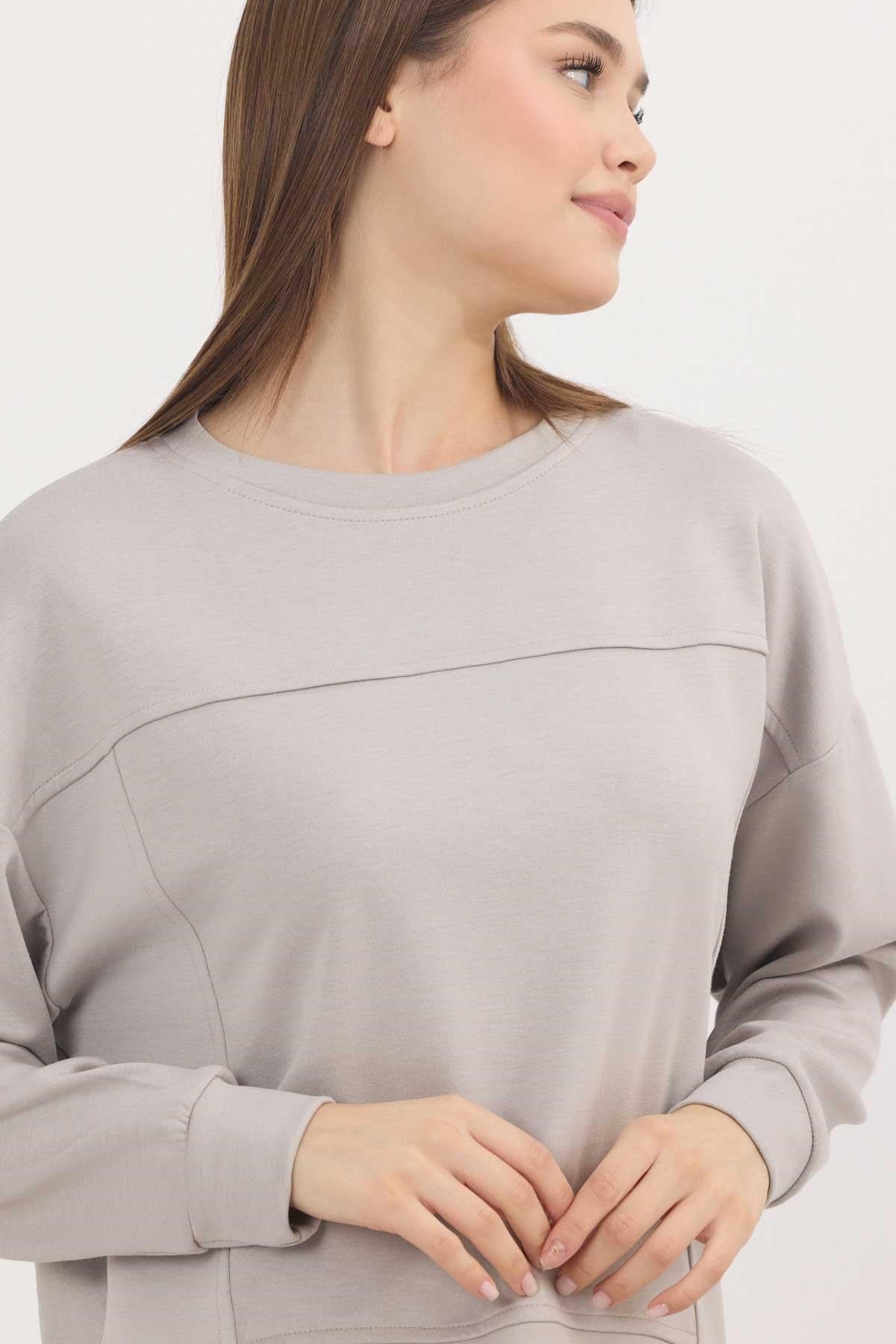 Açık Gri Bisiklet Yaka Parçalı Oysho Sweat 3000