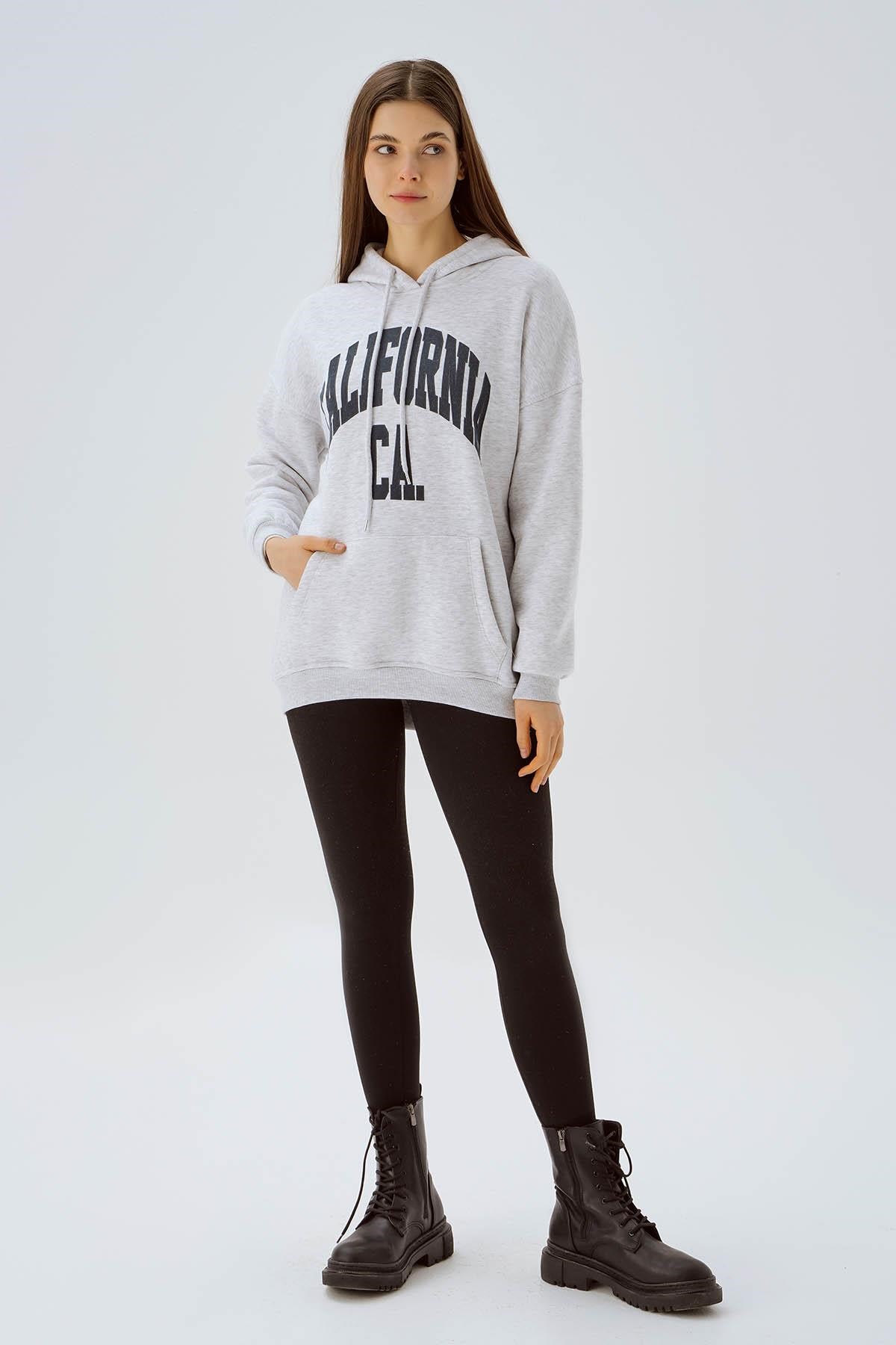 Açık Gri Kapüşonlu Oversize Sweat 3720