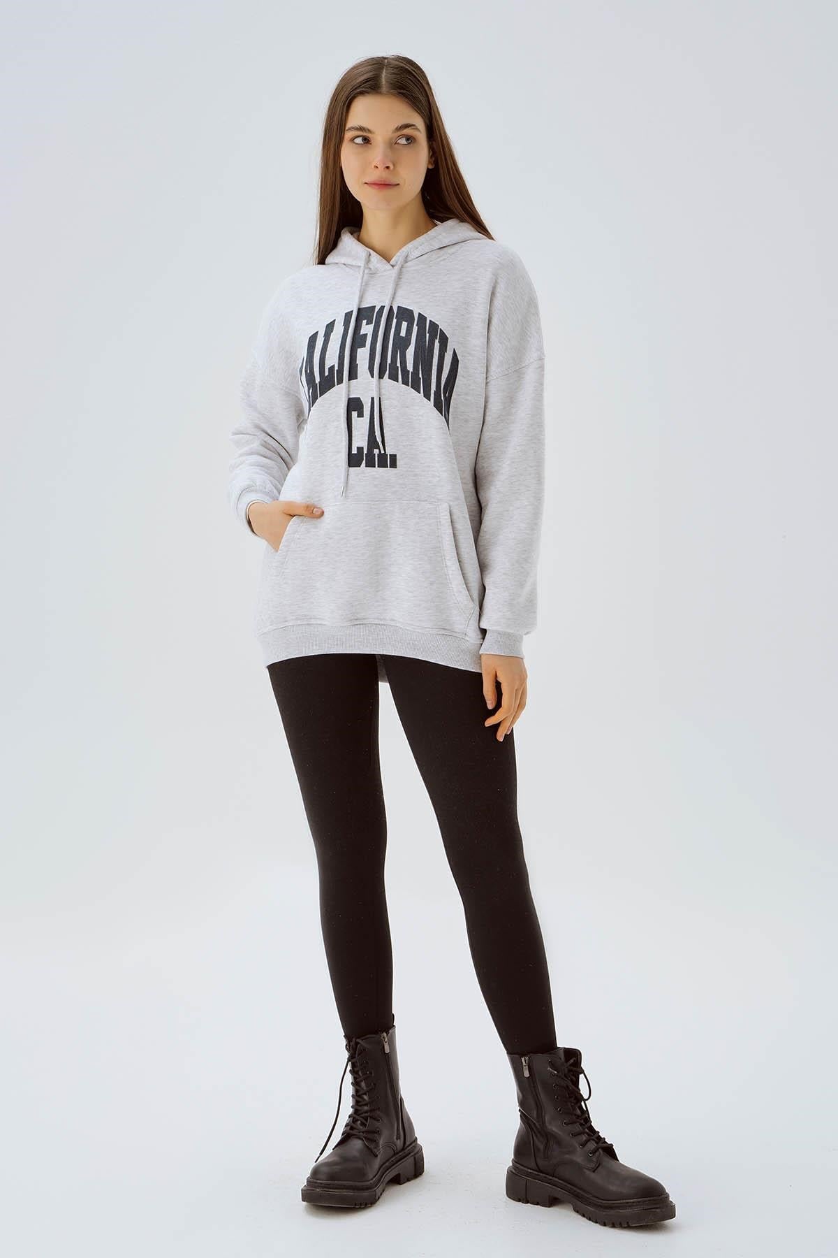 Açık Gri Kapüşonlu Oversize Sweat 3720