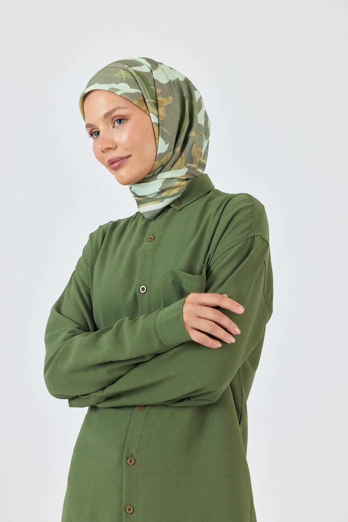 Açık Haki Yaprak Desenli Eşarp 3004