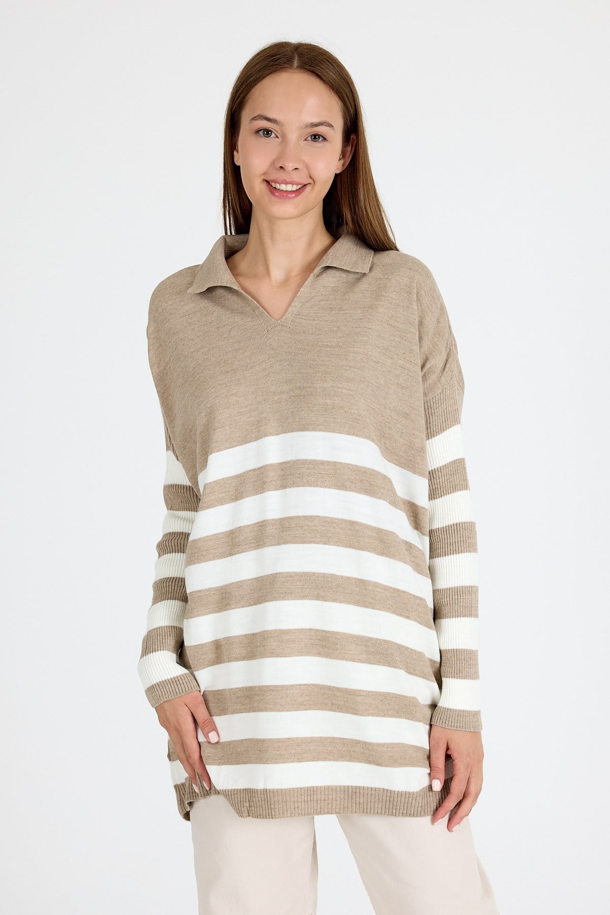 Açık Vizon Polo Yaka Çizgili Tunik 5340