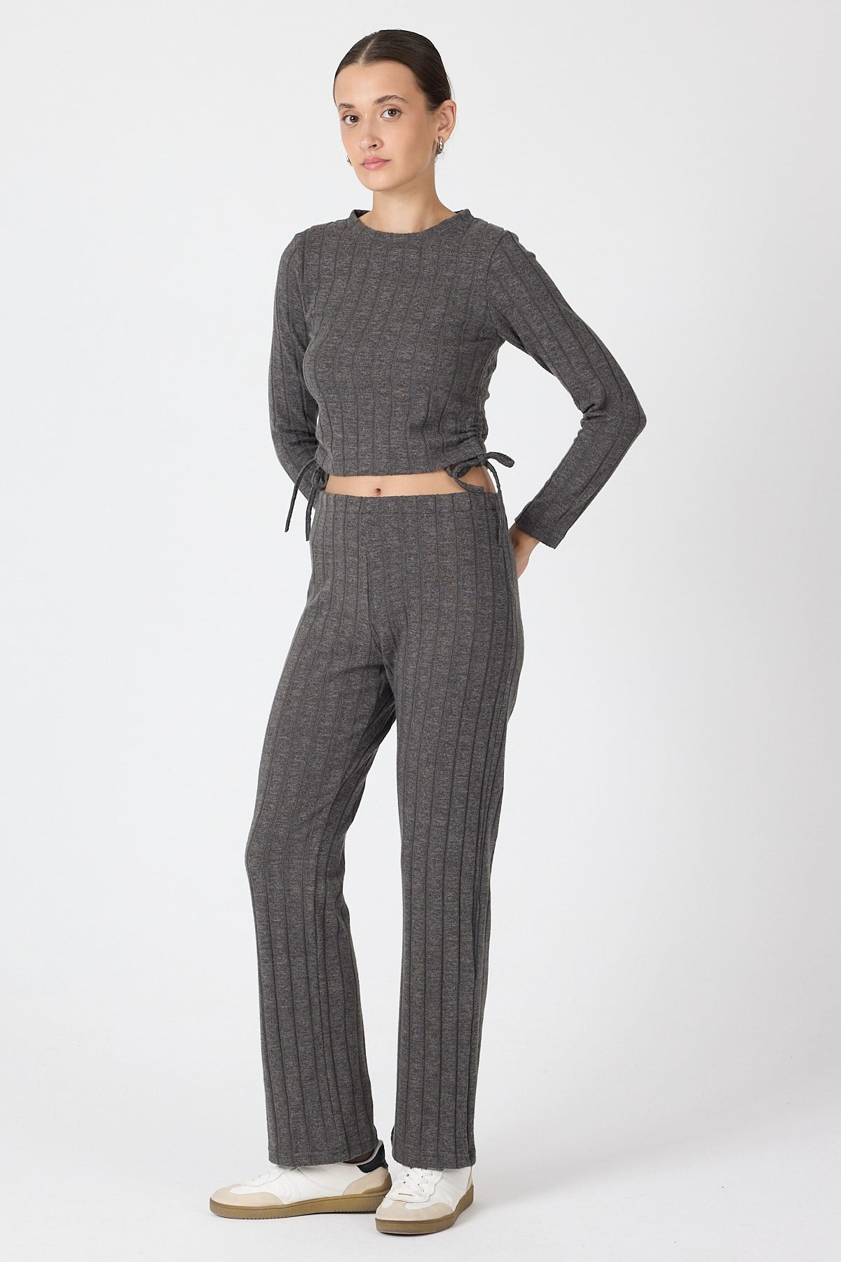 Antrasit Fitilli Crop Bluz Pantolon İkili Takımı 8114A