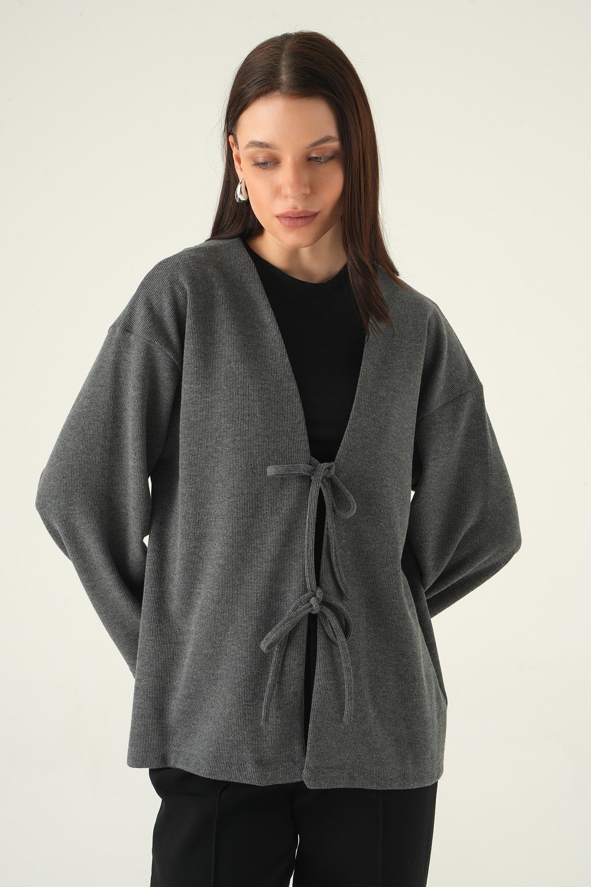 Antrasit Ön Bağlamalı Uzun Kimono 3072A