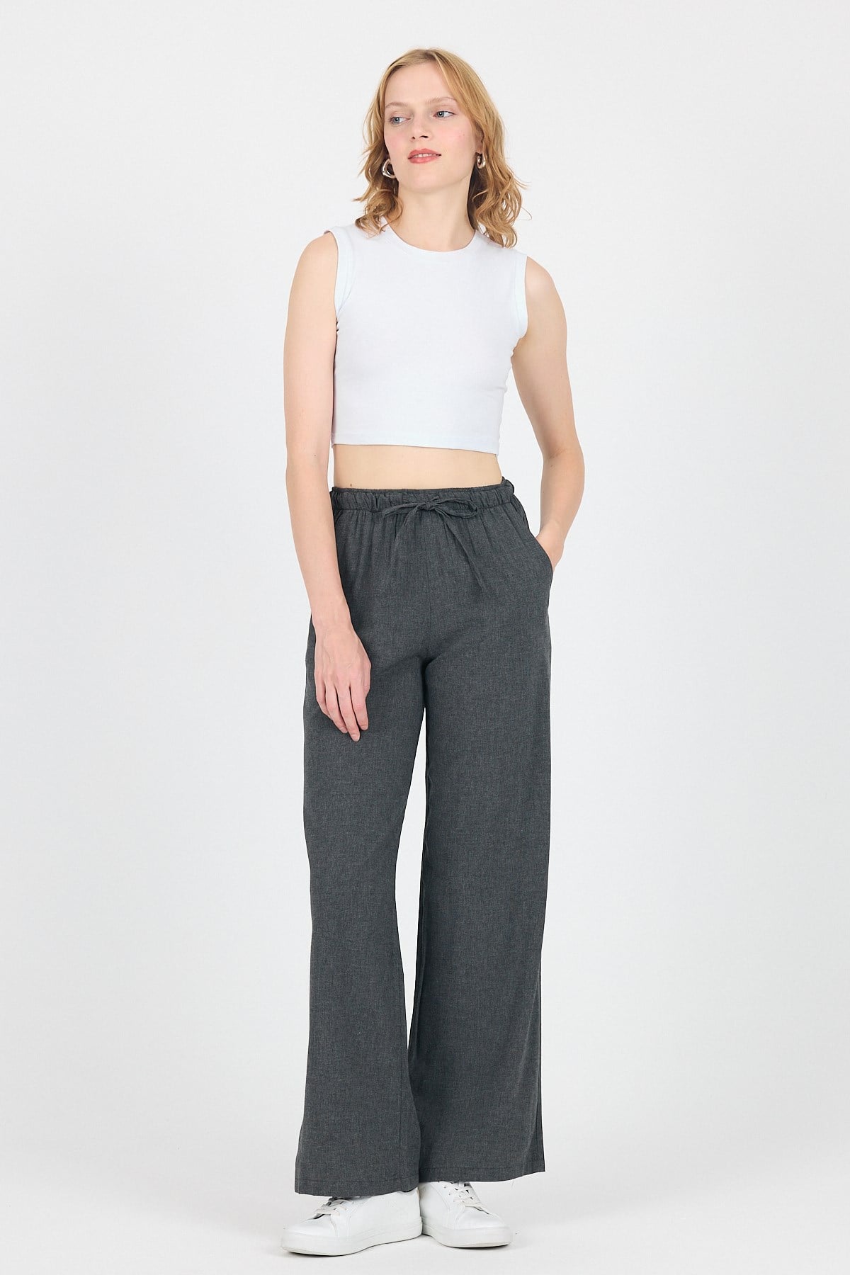 Antrasit Pamuklu Bel Lastikli Wide Leg/Bol Paça Pantolon 4754A
