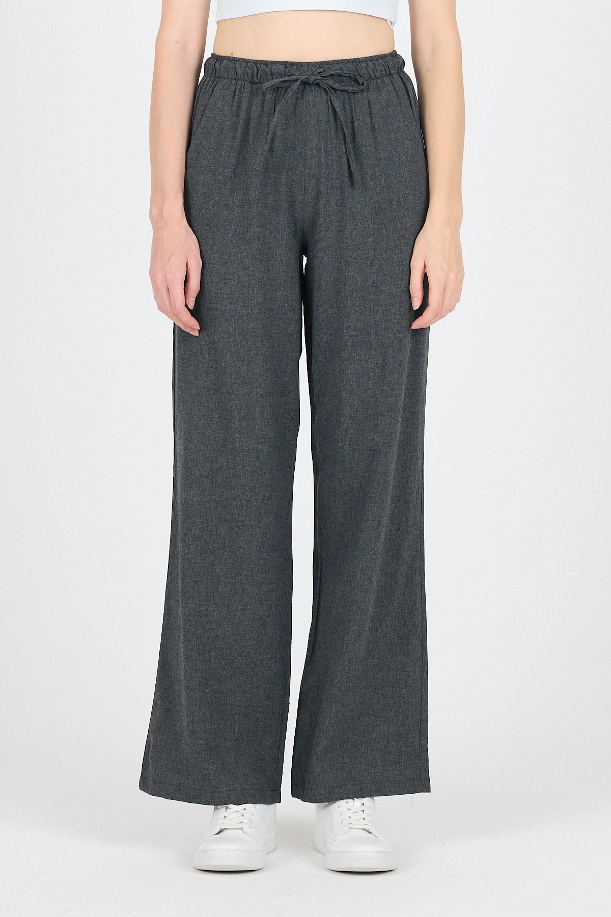 Antrasit Pamuklu Bel Lastikli Wide Leg/Bol Paça Pantolon 4754A