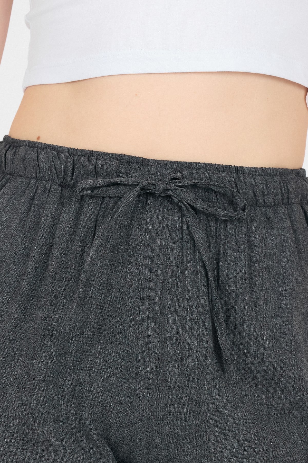 Antrasit Pamuklu Bel Lastikli Wide Leg/Bol Paça Pantolon 4754A