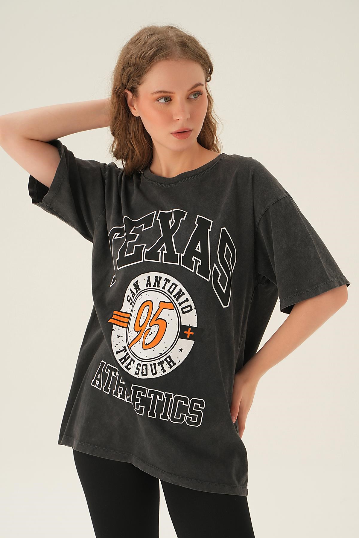 Antrasit Texas Baskı Oversize Tişört 3583