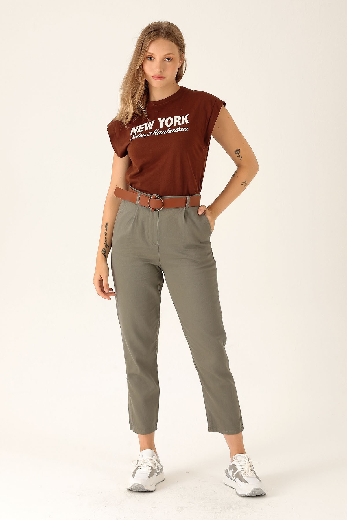 Bayan Kemer Detay Gabardin Bayan Pantolon - 5925 Olive Yeşili