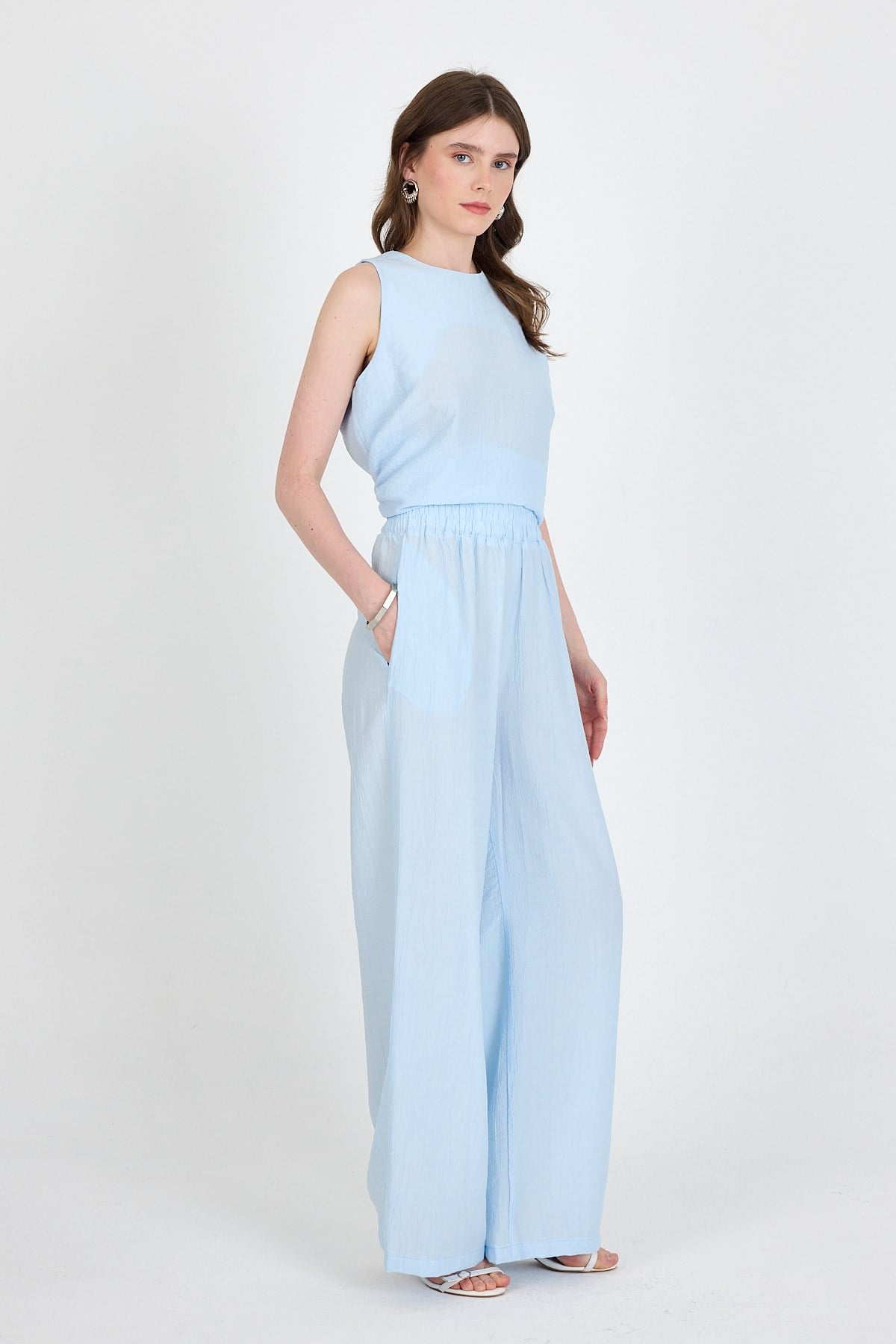 Bebe Mavi Asimetrik Kesim Bluz Pantolon İkili Takım 5219