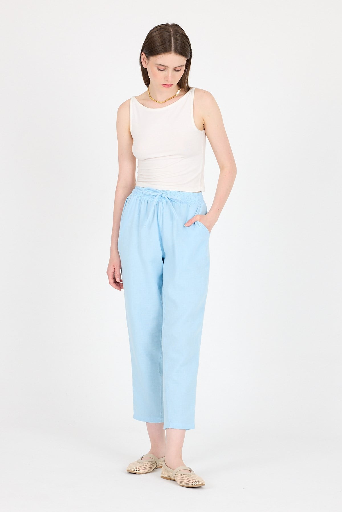 Bebe Mavi Müslin %100 Pamuk Beli Lastikli Pantolon 8055A