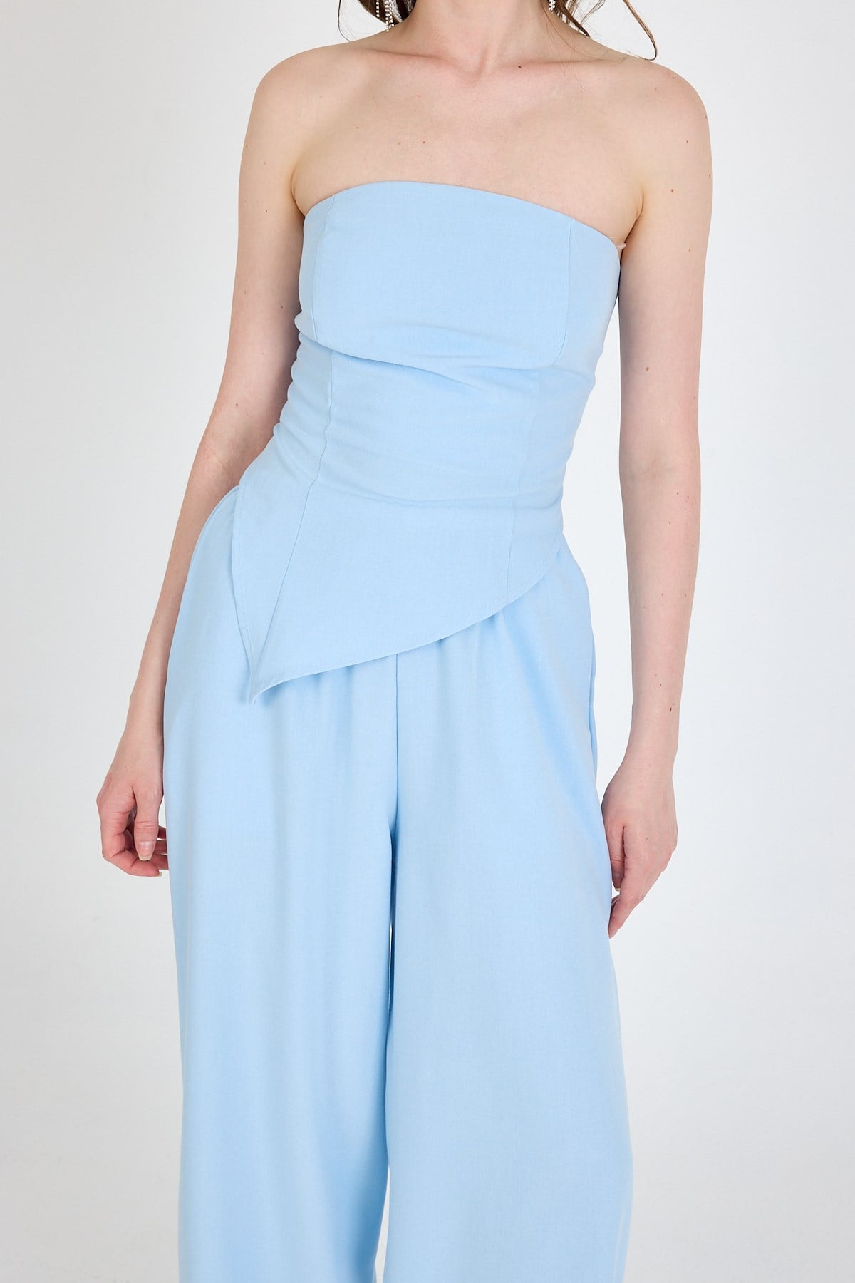 Bebe Mavi Straplez Asimetrik Bluz Pantolon Takım 5234