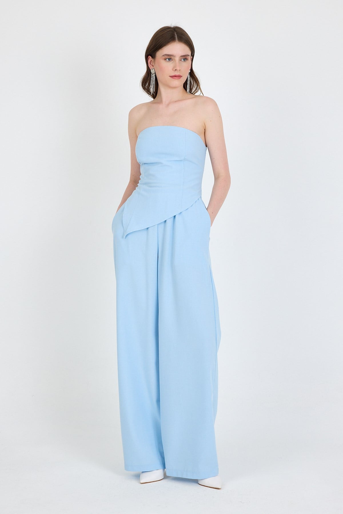 Bebe Mavi Straplez Asimetrik Bluz Pantolon Takım 5234