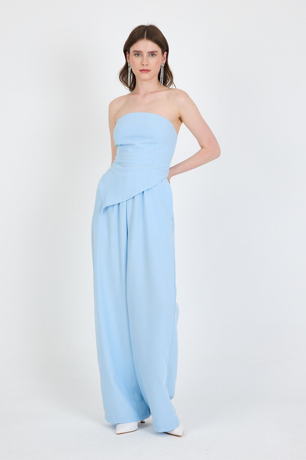 Bebe Mavi Straplez Asimetrik Bluz Pantolon Takım 5234