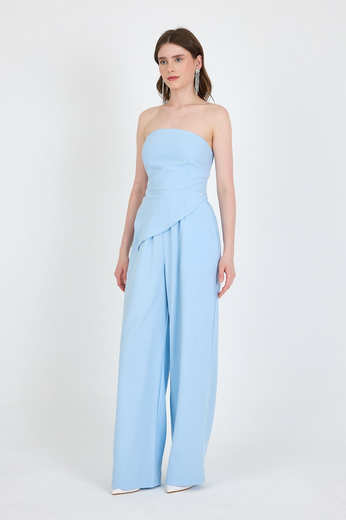 Bebe Mavi Straplez Asimetrik Bluz Pantolon Takım 5234