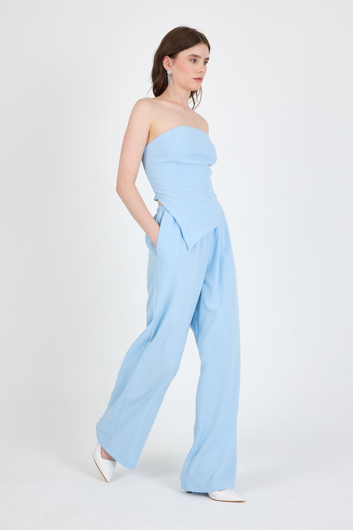 Bebe Mavi Straplez Asimetrik Bluz Pantolon Takım 5234