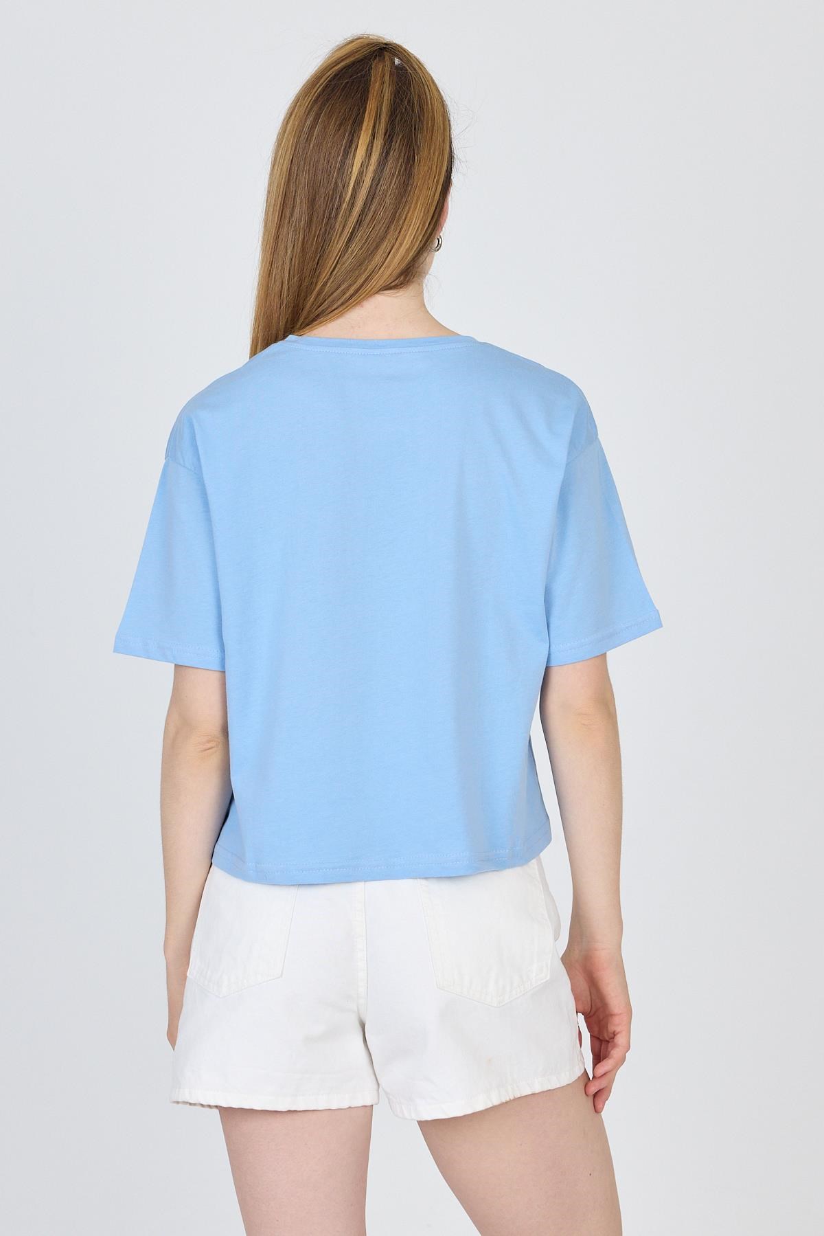 Bebe Mavi Yazı Nakışlı Crop Tişört 25259