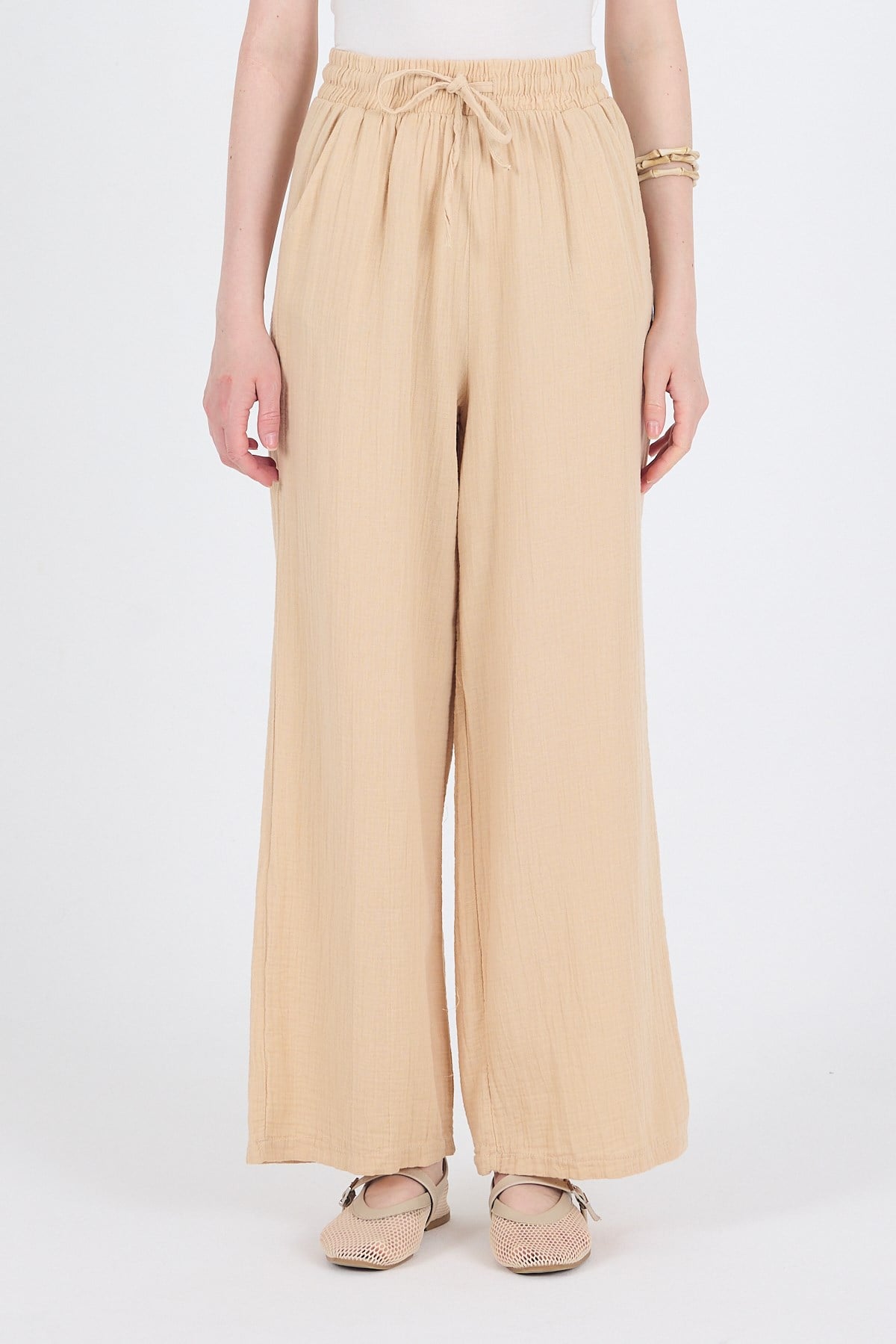 Bej  %100 Pamuk Müslin Palazzo/Bol Paça Pantolon 8056A