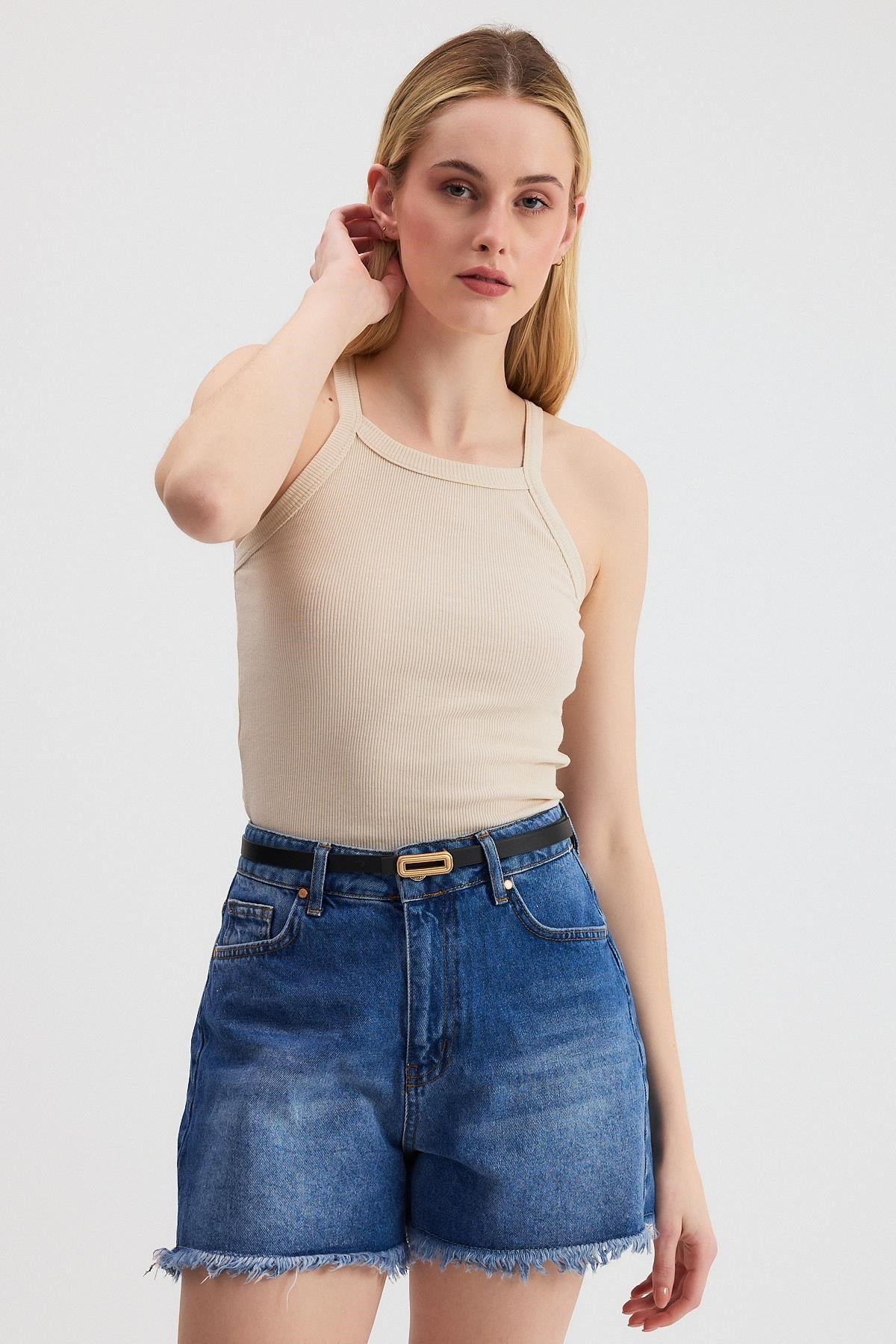 Bej -1121 Sıfır Kol Fitilli Halter Yaka Basic Atlet