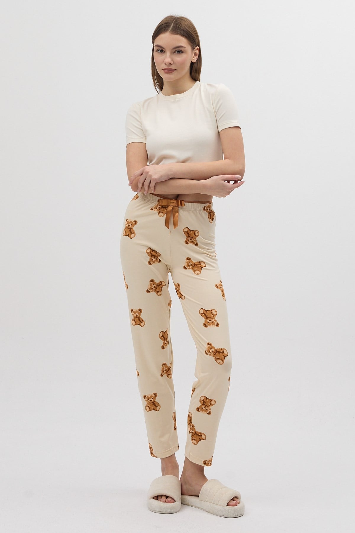 Bej Ayıcık Desenli Kadın Pijama Altı 4526