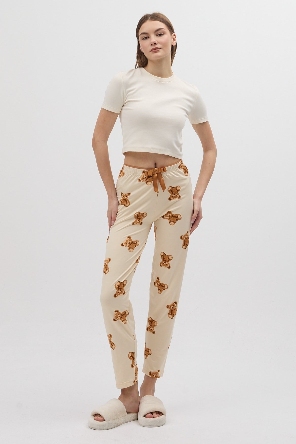 Bej Ayıcık Desenli Kadın Pijama Altı 4526