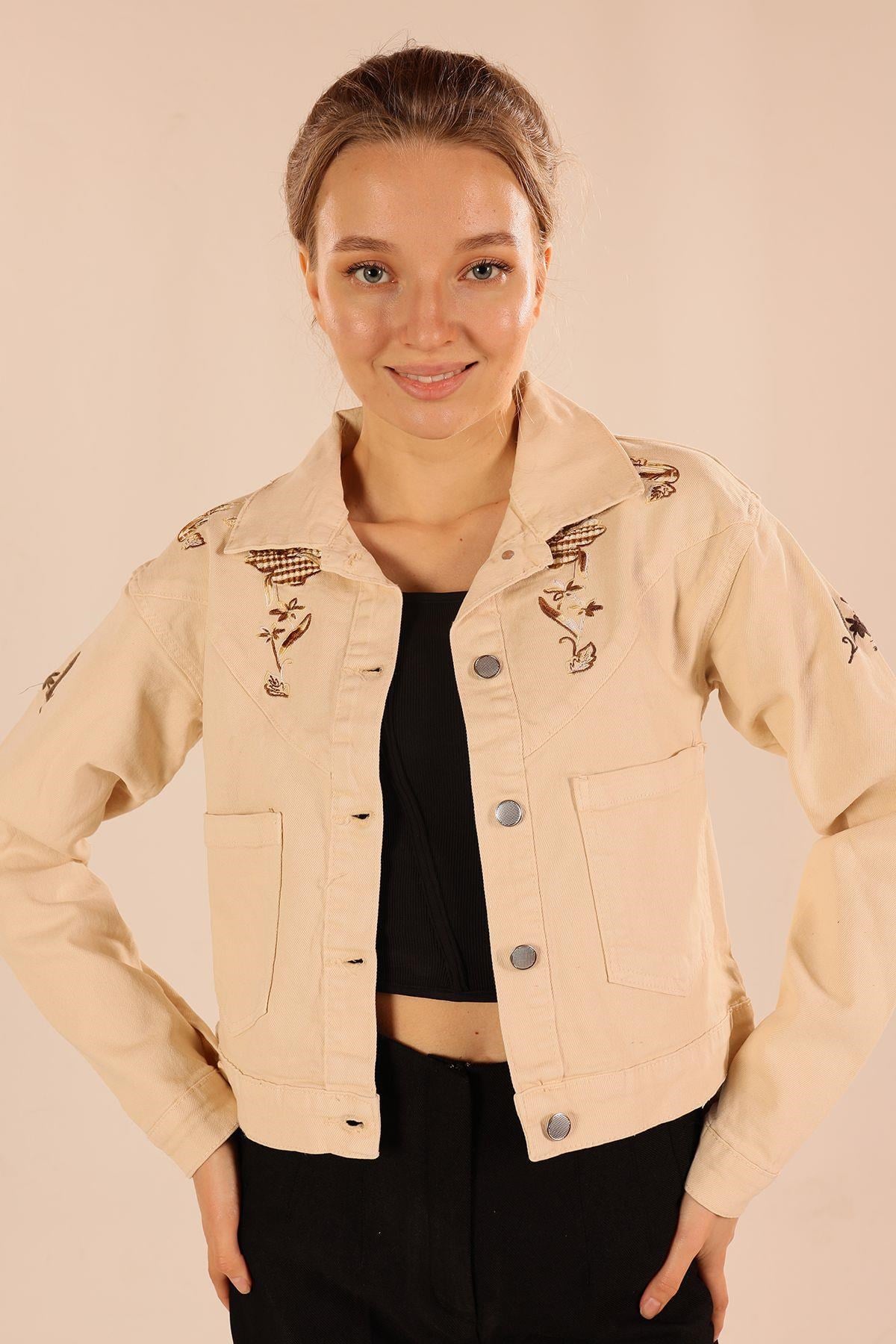Bej Çiçek Nakış Gabardin Ceket 2445