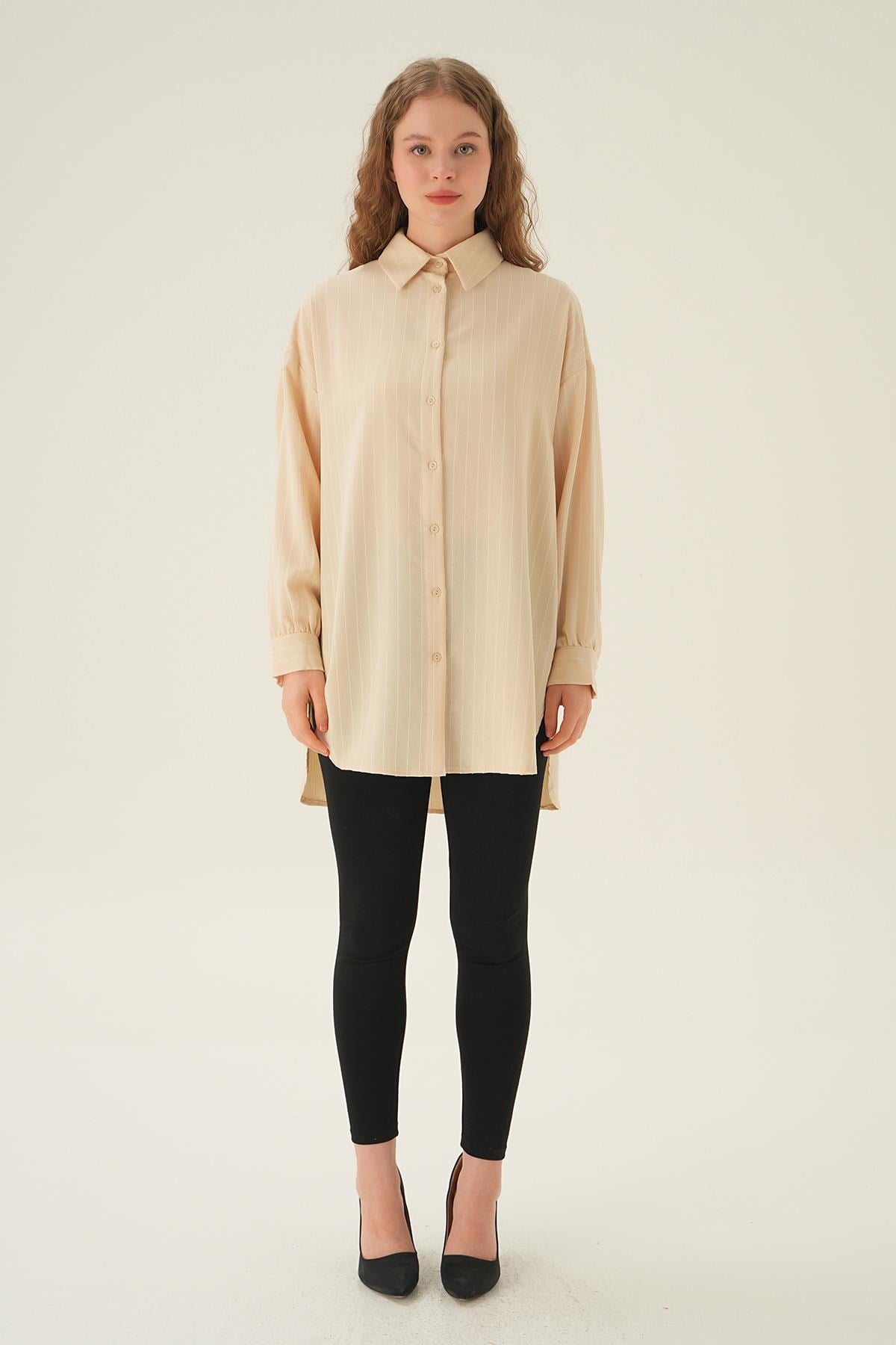 Bej Çizgili Oversize Gömlek 4013A