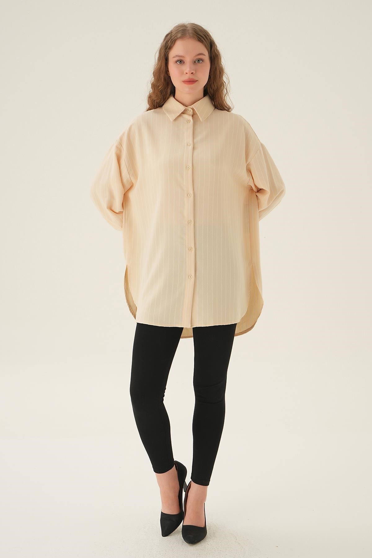 Bej Çizgili Oversize Gömlek 4013A