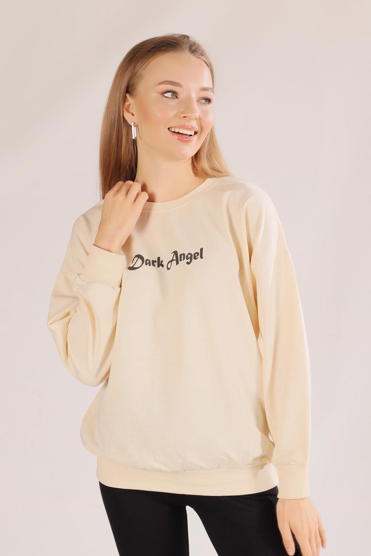 Bej Dark Angel Baskılı Sweat 8633