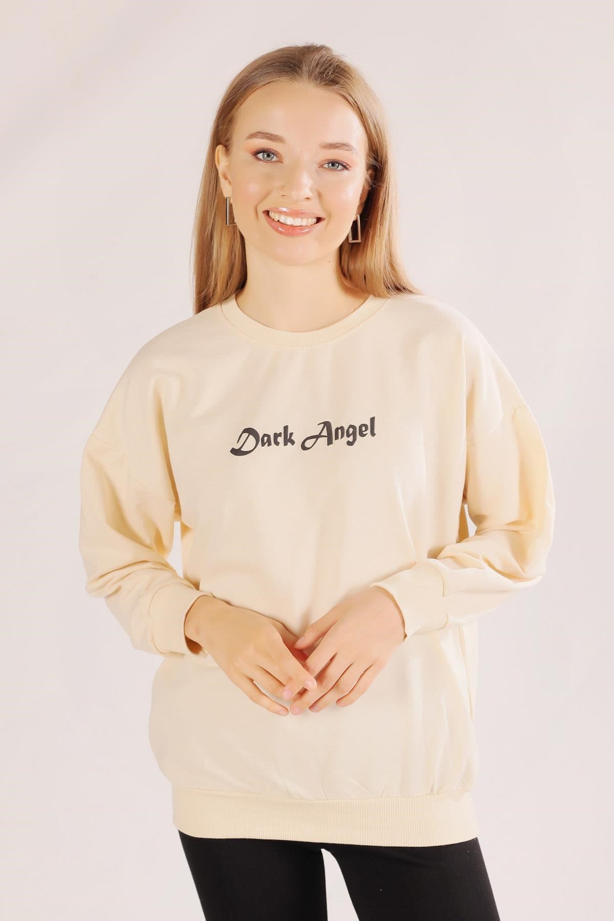 Bej Dark Angel Baskılı Sweat 8633