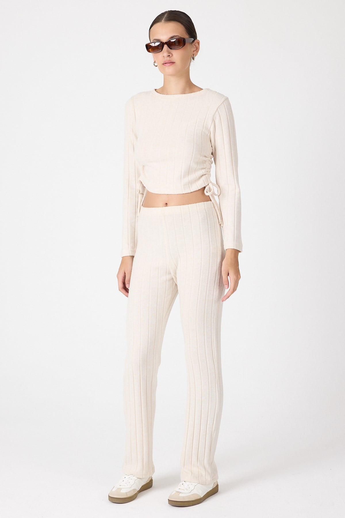 Bej Fitilli Crop Bluz Pantolon İkili Takımı 8114A
