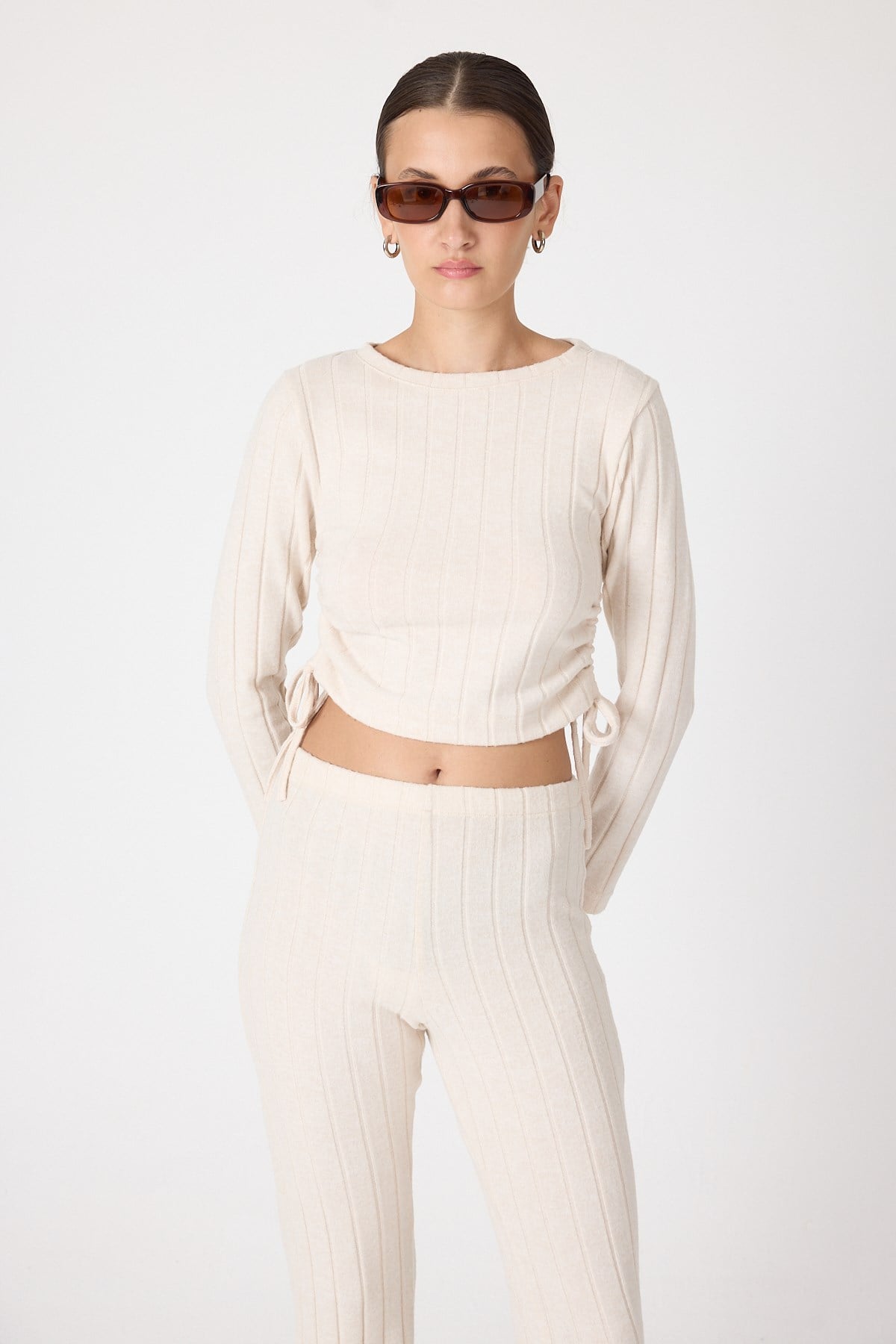 Bej Fitilli Crop Bluz Pantolon İkili Takımı 8114A