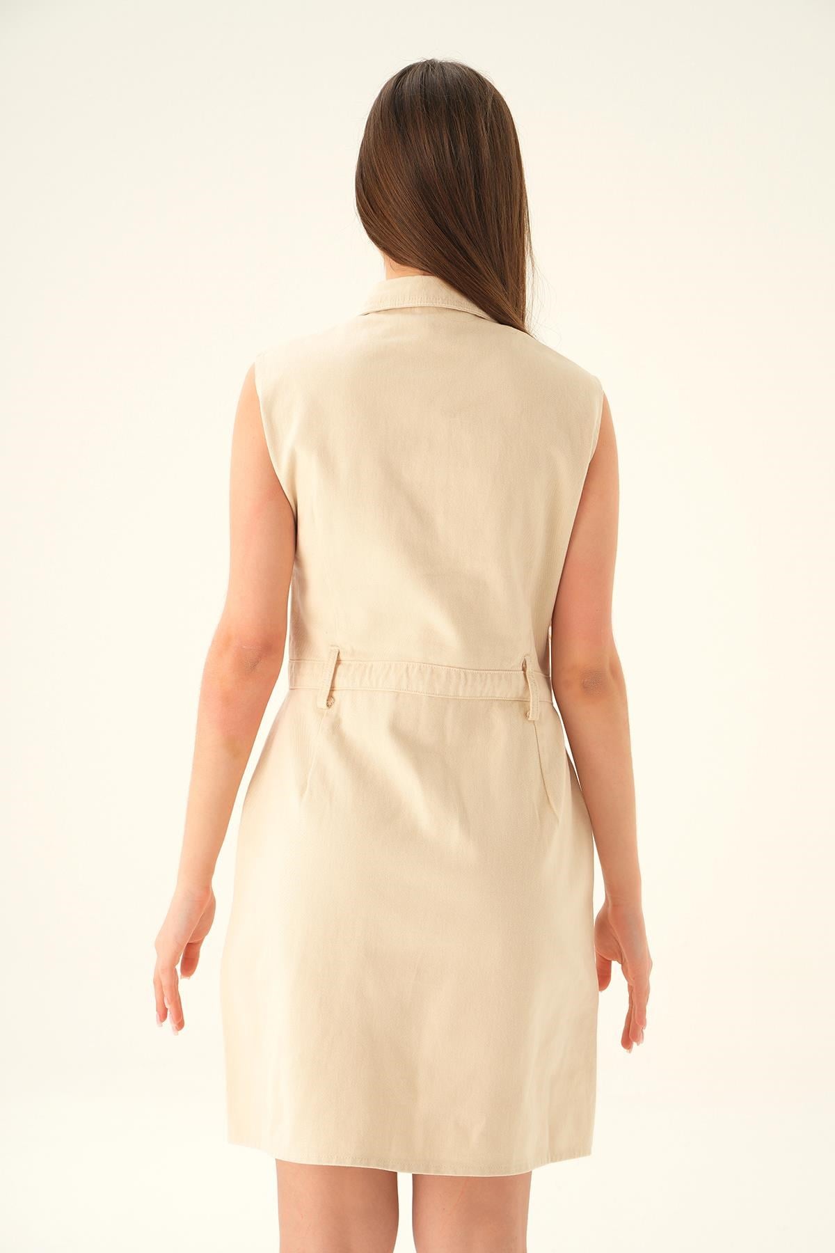 Bej Gabardin Kemerli Elbise 1166