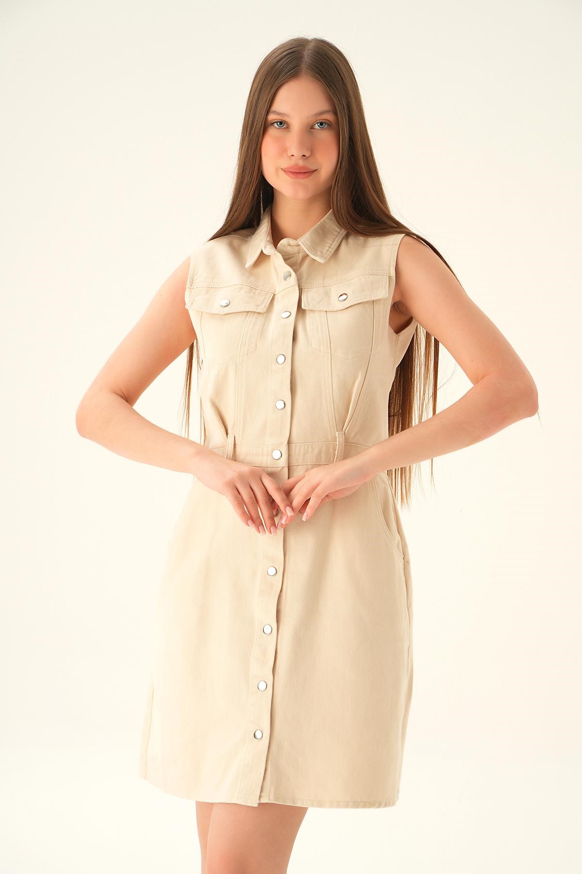 Bej Gabardin Kemerli Elbise 1166