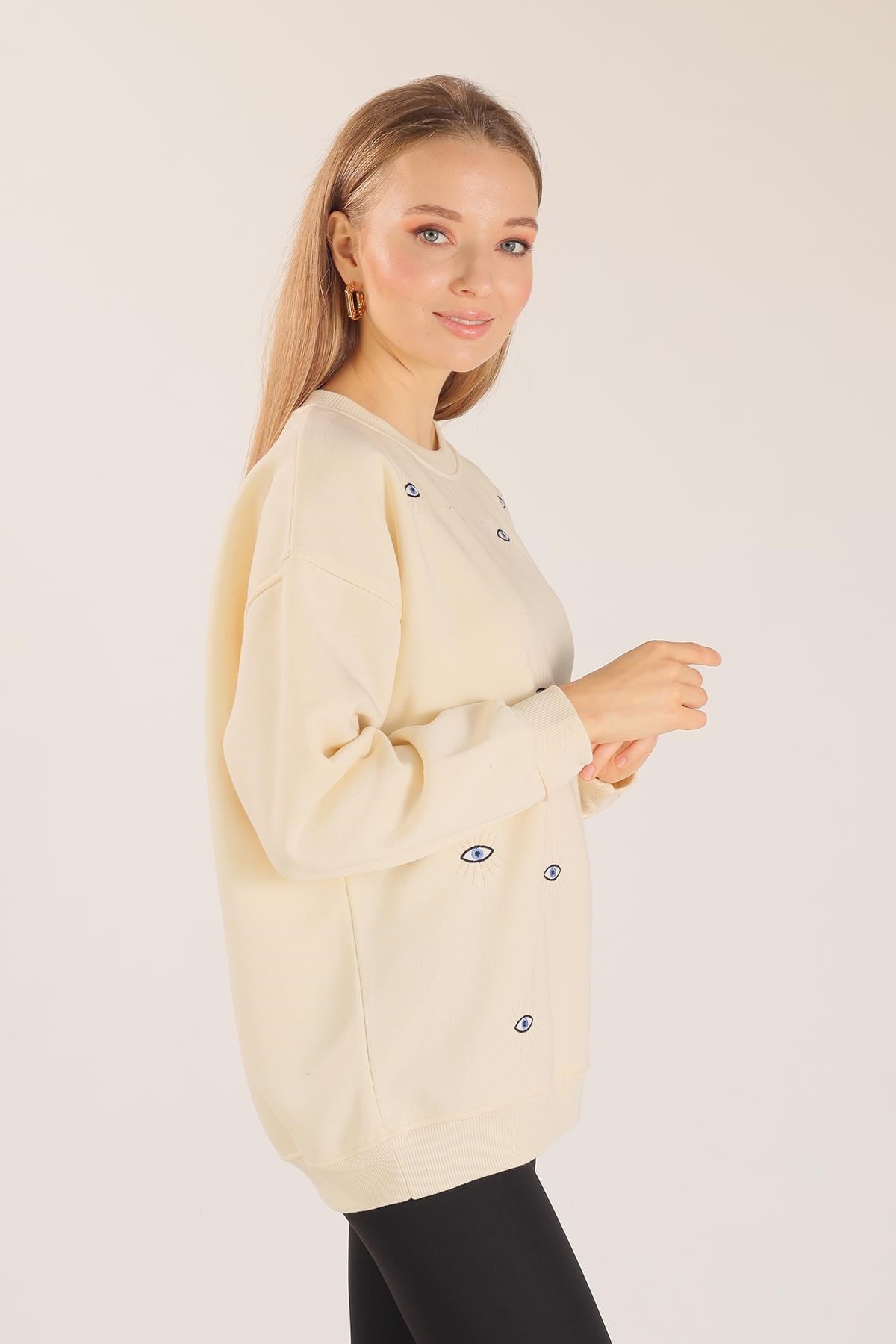 Bej Göz Nakışlı Oversize Sweat 1543