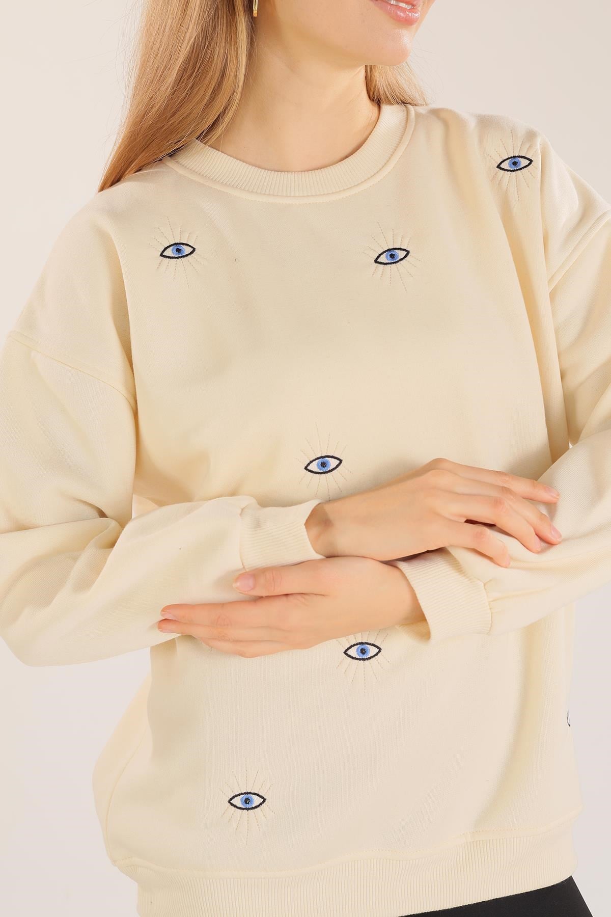 Bej Göz Nakışlı Oversize Sweat 1543