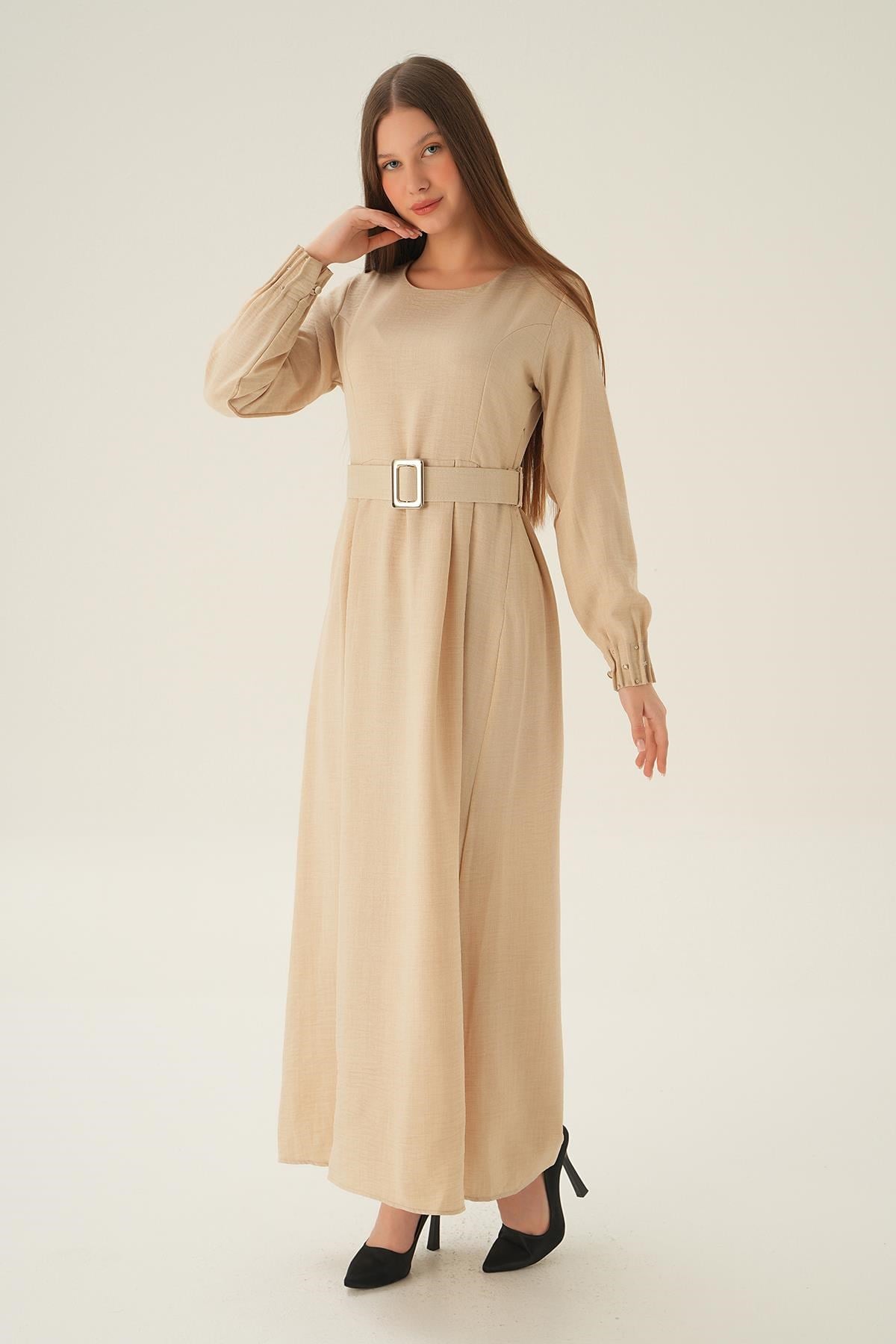 Bej Kol Drape Detay Kemerli Elbise 2659