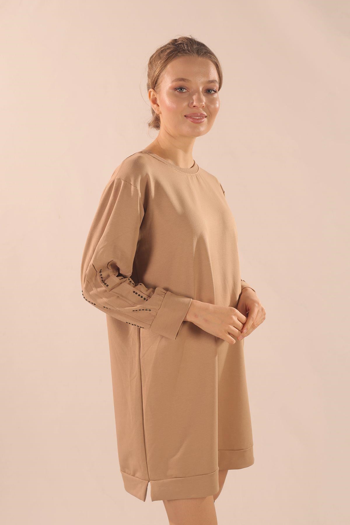 Bej Kol Pile Taş Detay Sweat 3434