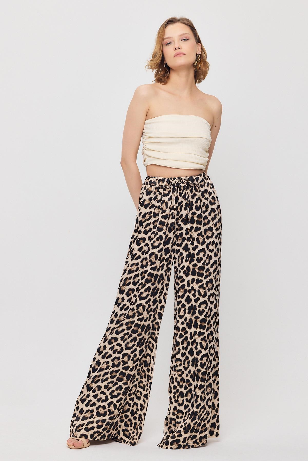 Bej Leopar Desen Bel Bağcık Pantolon 9410