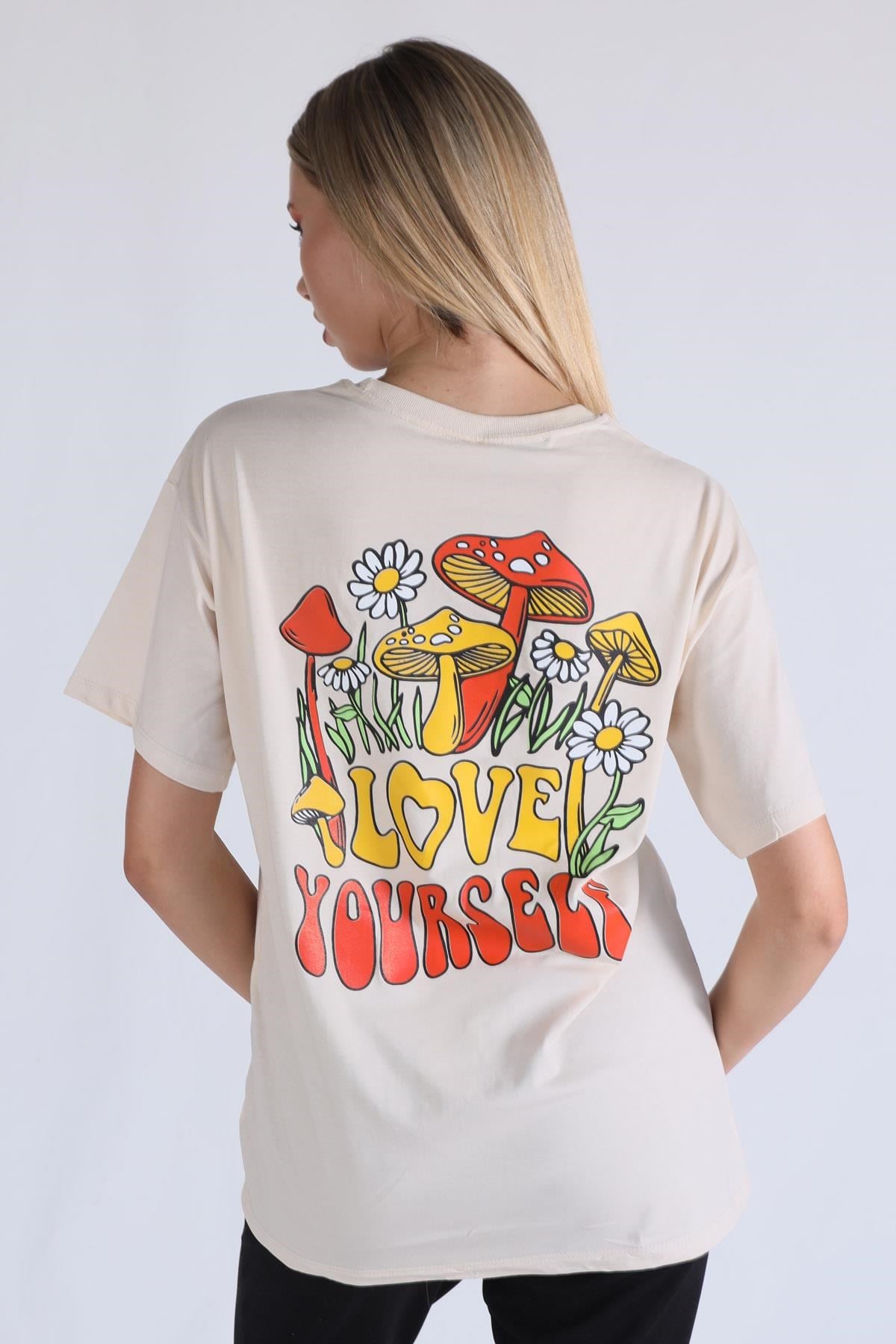 Bej Love Yourself Baskı Tişört 1395