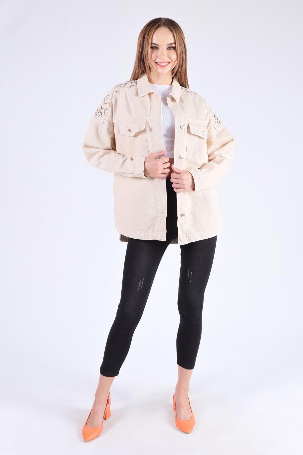Bej Omuz Desenli Gabardin Ceket 384