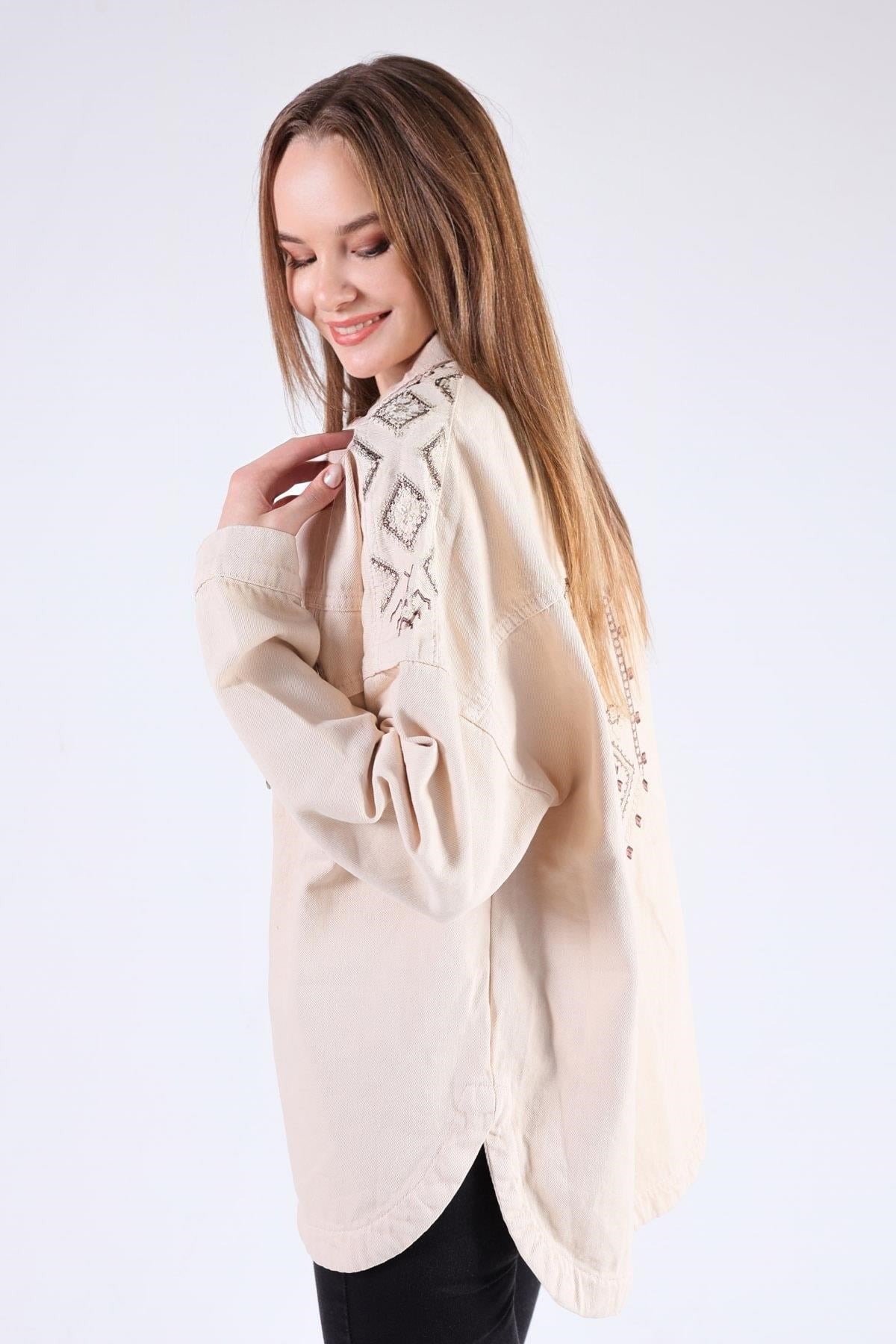 Bej Omuz Desenli Gabardin Ceket 384