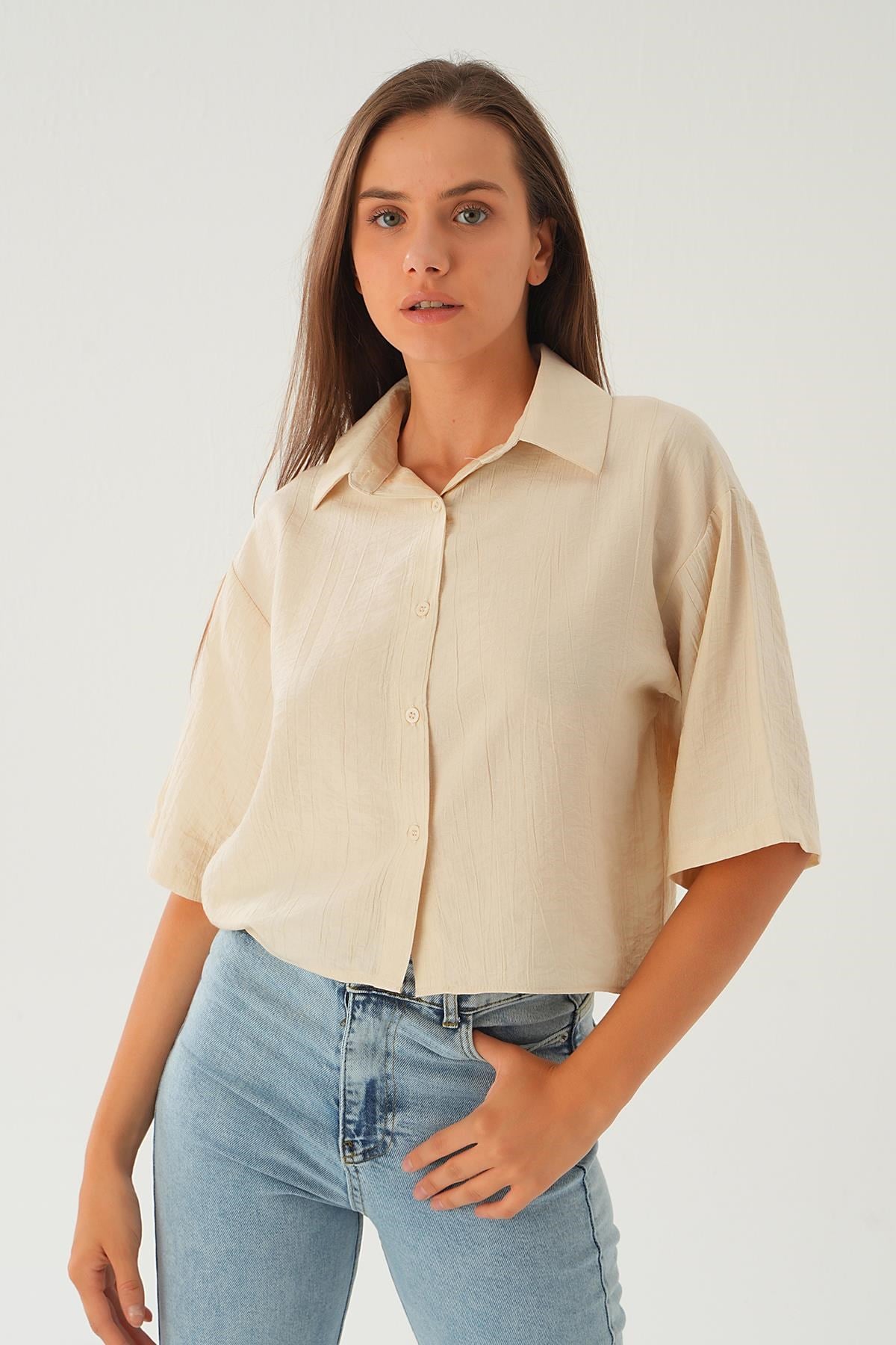 Bej Oversize Kısa Gömlek 4159A