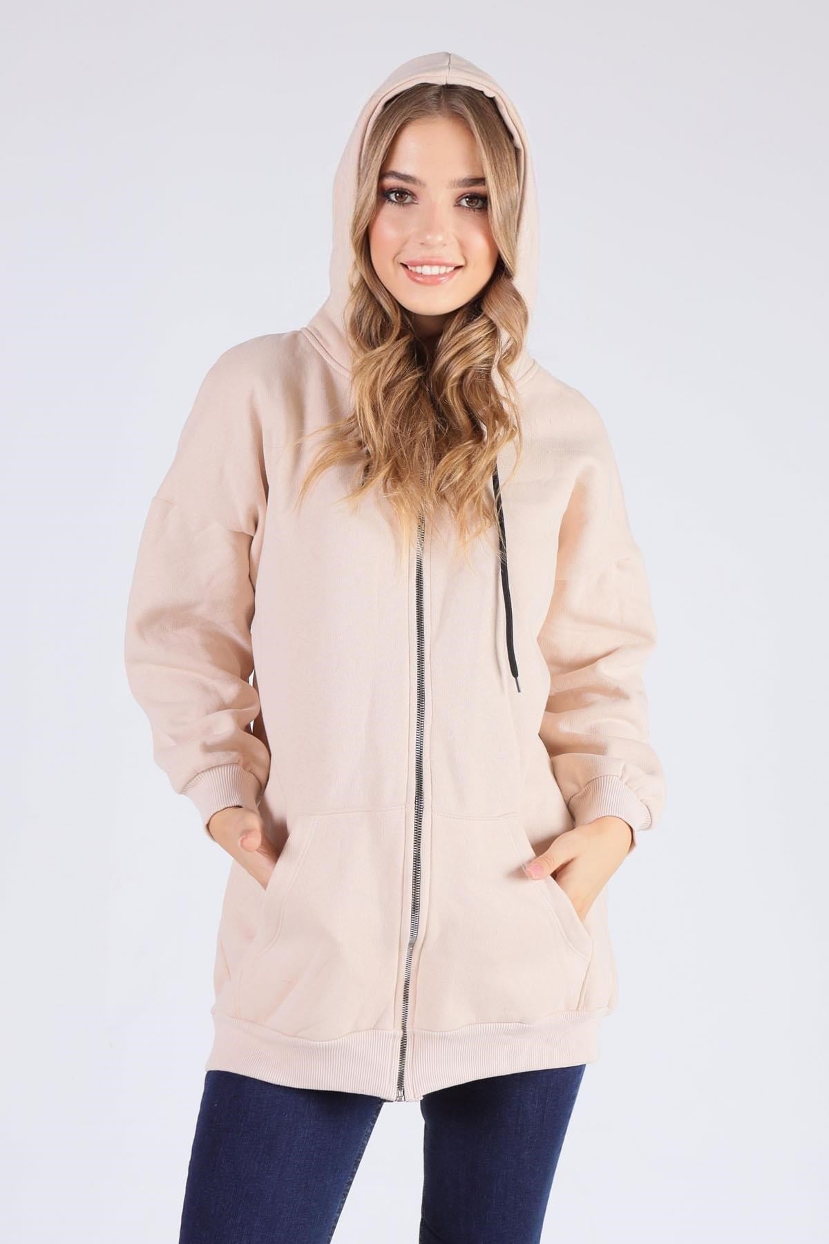Bej Oversize Uzun Fermuarlı Sweat 8124M