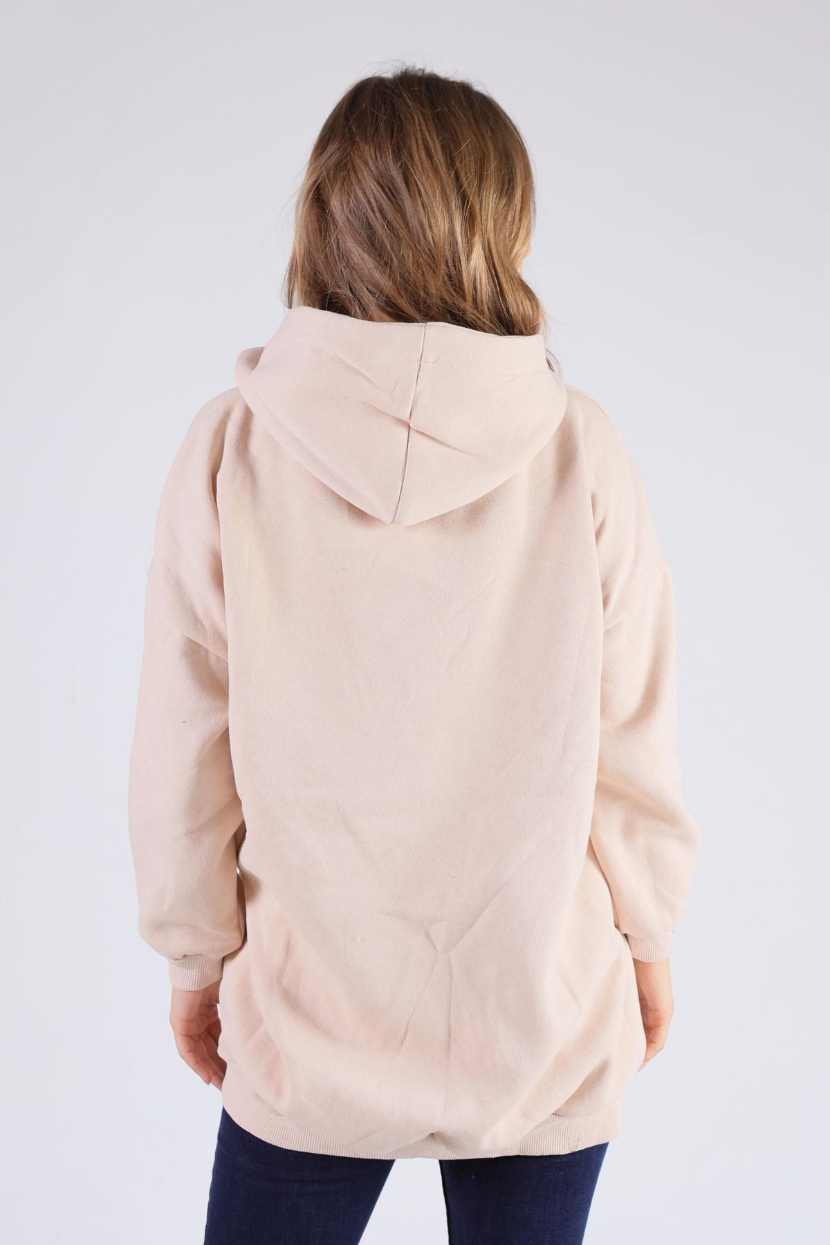 Bej Oversize Uzun Fermuarlı Sweat 8124M