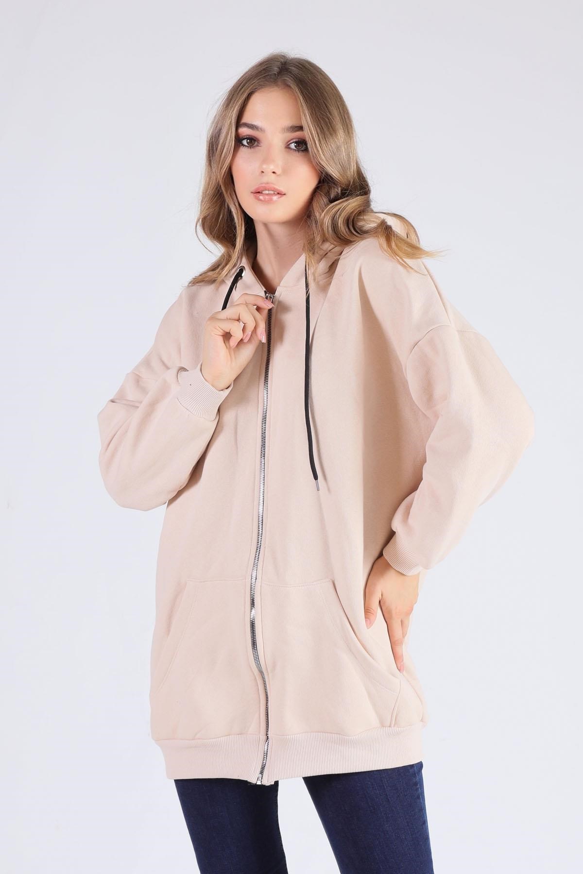 Bej Oversize Uzun Fermuarlı Sweat 8124M