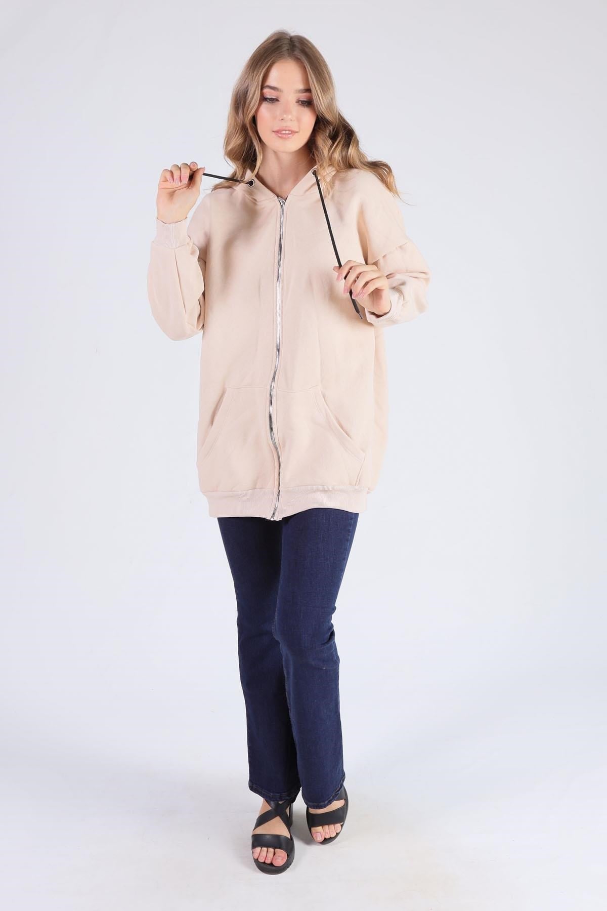 Bej Oversize Uzun Fermuarlı Sweat 8124M